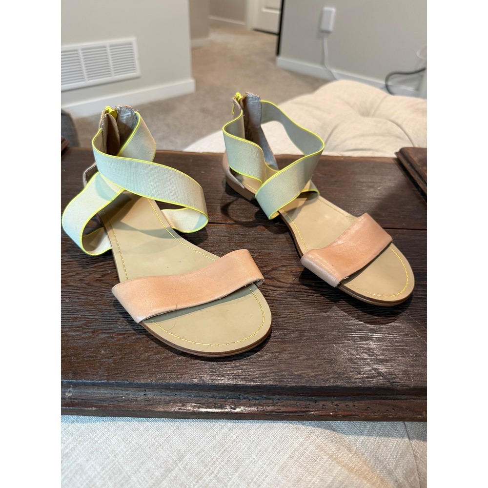 Splendid Women Tan Leather Neon Yellow Elastic Strap Back Zip Flat Sandals 8M
